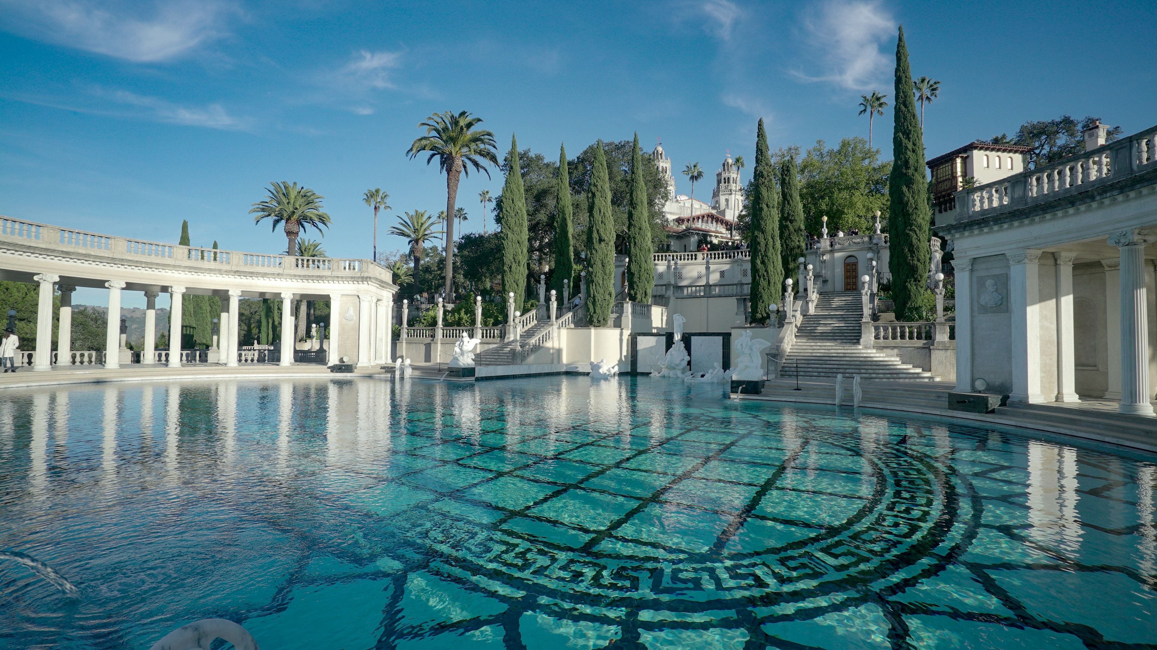 A view of the Neptune Pool at Hearst Castle, with the castle in the background.